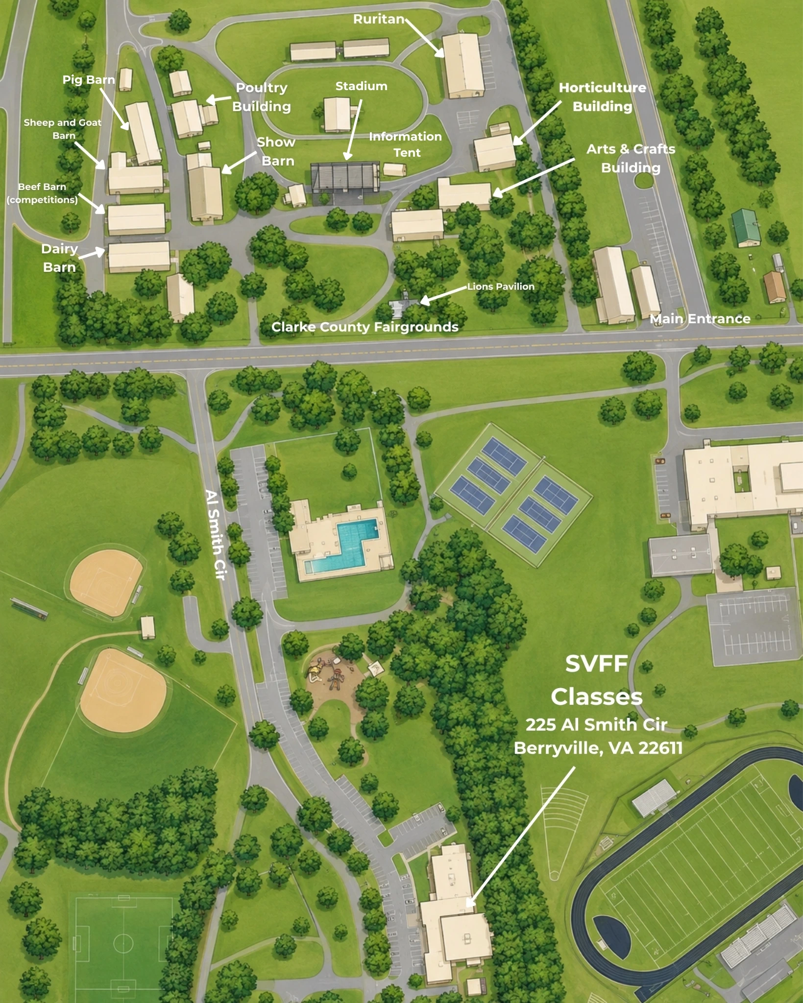 Illustrated overhead map of the Clarke County Ruritan Fairgrounds: vendor barns along the northwest side, the oval show ring and grandstand beside the dirt arena to the northeast, museum sheds at the center, and W Main St running along the southwest edge.